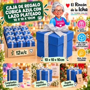 Caja de Regalo Cúbica Azul Con Lazo Plateado 10 x 10 x 10cm Feliz