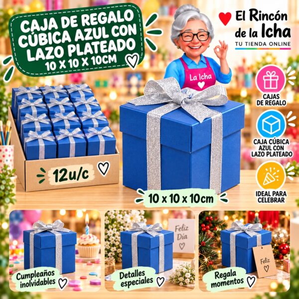 RI-0010020 Caja de Regalo Cúbica Azul Con Lazo Plateado 10 x 10 x 10cm Feliz