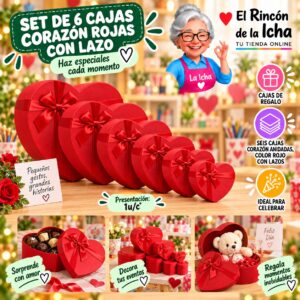 Set de 6 Cajas Corazón Rojas con Lazo Feliz