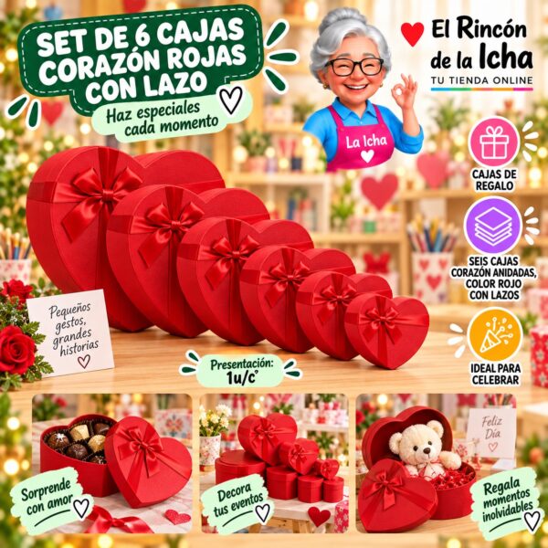 Set de 6 Cajas Corazón Rojas con Lazo Feliz