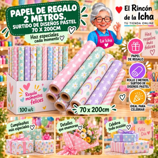 RI-0010022 Papel de Regalo 2 Metros, Surtido De Diseños Pastel 70 x 200cm Feliz
