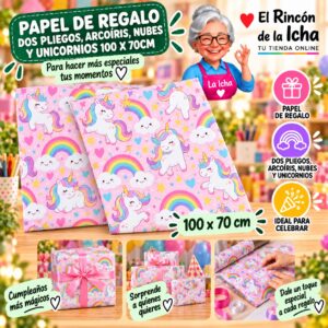 RI-0010023 Papel de Regalo Dos Pliegos, Arcoíris, Nubes Y Unicornios 100 x 70cm Feliz