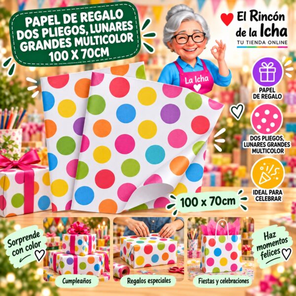 RI-0010024 Papel de Regalo Dos Pliegos, Lunares Grandes Multicolor 100 x 70cm Feliz