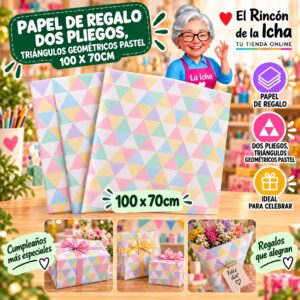 RI-0010025 Papel de Regalo Dos Pliegos, Triángulos Geométricos Pastel 100 x 70cm Feliz