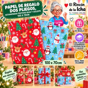 RI-0010027 Papel de Regalo Dos Pliegos, Estampados Festivos Rojo Y Celeste 100 x 70cm Feliz