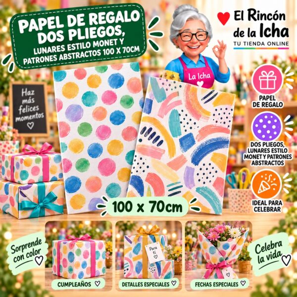 RI-0010028 Papel de Regalo Dos Pliegos, Lunares Estilo Monet Y Patrones Abstractos 100 x 70cm Feliz