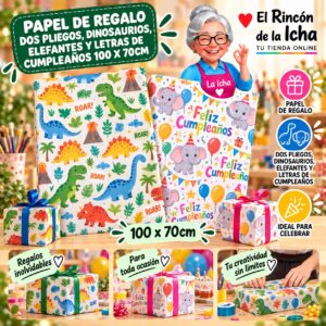 RI-0010029 Papel de Regalo Dos Pliegos, Dinosaurios, Elefantes Y Letras De Cumpleaños 100 x 70cm Feliz