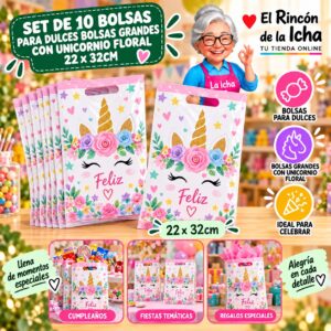 RI-0010030 Set de 10 Bolsas para Dulces Bolsas Grandes Con Unicornio Floral 22 x 32cm Feliz