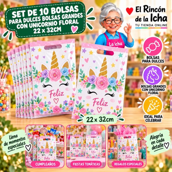 RI-0010030 Set de 10 Bolsas para Dulces Bolsas Grandes Con Unicornio Floral 22 x 32cm Feliz