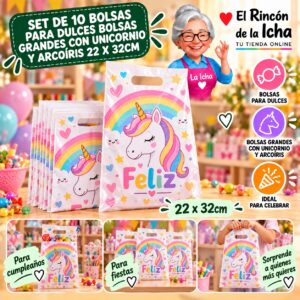 RI-0010031 Set de 10 Bolsas para Dulces Bolsas Grandes Con Unicornio Y Arcoíris 22 x 32cm Feliz