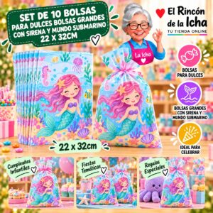 RI-0010032 Set de 10 Bolsas para Dulces Bolsas Grandes Con Sirena Y Mundo Submarino 22 x 32cm Feliz