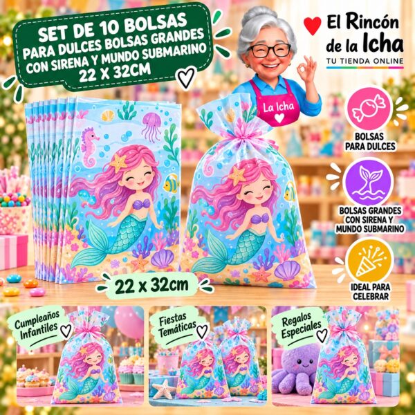 RI-0010032 Set de 10 Bolsas para Dulces Bolsas Grandes Con Sirena Y Mundo Submarino 22 x 32cm Feliz