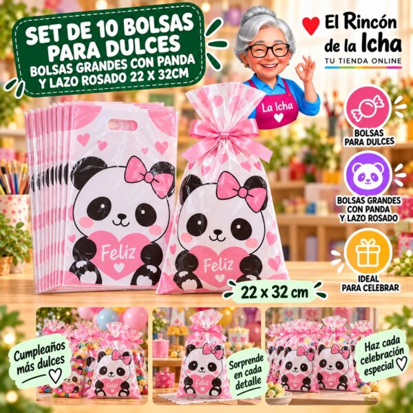 RI-0010033 Set de 10 Bolsas para Dulces Bolsas Grandes Con Panda Y Lazo Rosado 22 x 32cm Feliz
