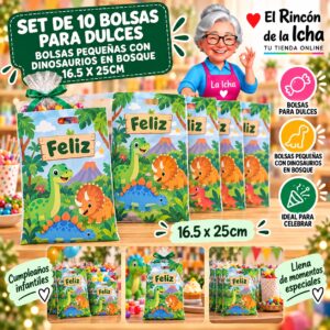 RI-0010034 Set de 10 Bolsas para Dulces Bolsas Pequeñas Con Dinosaurios En Bosque 16.5 x 25cm Feliz