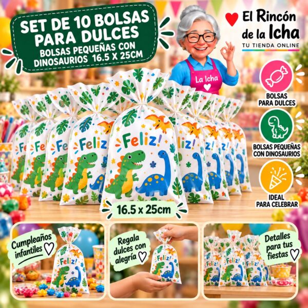 RI-0010035 Set de 10 Bolsas para Dulces Bolsas Pequeñas Con Dinosaurios 16.5 x 25cm Feliz