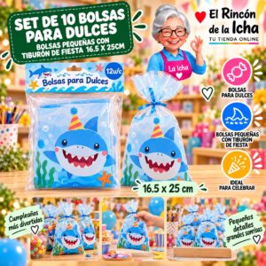 RI-0010036 Set de 10 Bolsas para Dulces Bolsas Pequeñas Con Tiburón De Fiesta 16.5 x 25cm Feliz