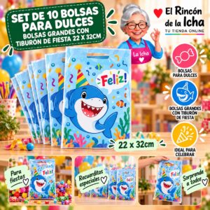 RI-0010037 Set de 10 Bolsas para Dulces Bolsas Grandes Con Tiburón De Fiesta 22 x 32cm Feliz