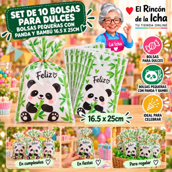 RI-0010038 Set de 10 Bolsas para Dulces Bolsas Pequeñas Con Panda Y Bambú 16.5 x 25cm Feliz
