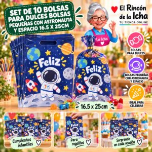 RI-0010039 Set de 10 Bolsas para Dulces Bolsas Pequeñas Con Astronauta Y Espacio 16.5 x 25cm Feliz