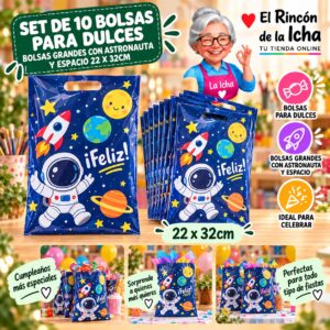 RI-0010040 Set de 10 Bolsas para Dulces Bolsas Grandes Con Astronauta Y Espacio 22 x 32cm Feliz