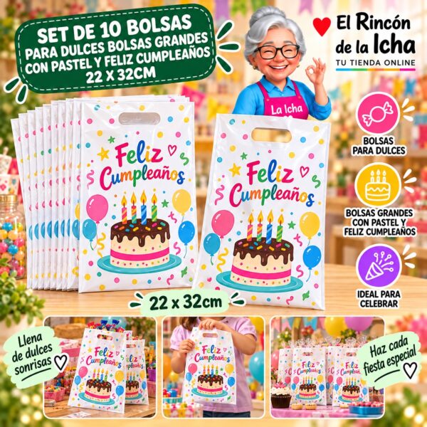RI-0010041 Set de 10 Bolsas para Dulces Bolsas Grandes Con Pastel Y Feliz Cumpleaños 22 x 32cm Feliz