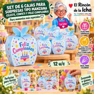 Set de 6 Cajas para Sorpresas Tipo Manzana Celeste, Confeti Y Feliz Cumpleaños Feliz