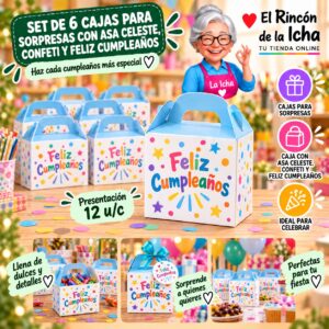 Set de 6 Cajas para Sorpresas Con Asa Celeste, Confeti Y Feliz Cumpleaños Feliz