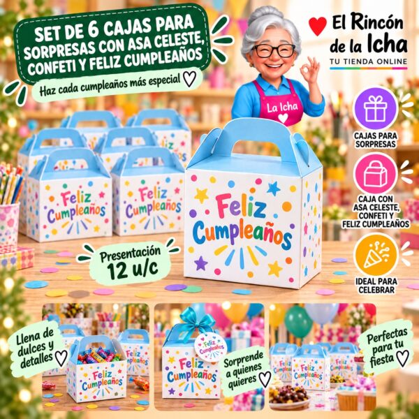 Set de 6 Cajas para Sorpresas Con Asa Celeste, Confeti Y Feliz Cumpleaños Feliz