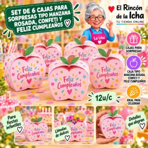 Set de 6 Cajas para Sorpresas Tipo Manzana Rosada, Confeti Y Feliz Cumpleaños Feliz