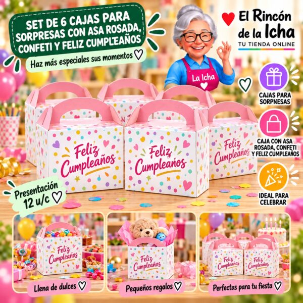 RI-0010045 Set de 6 Cajas para Sorpresas Con Asa Rosada, Confeti Y Feliz Cumpleaños Feliz