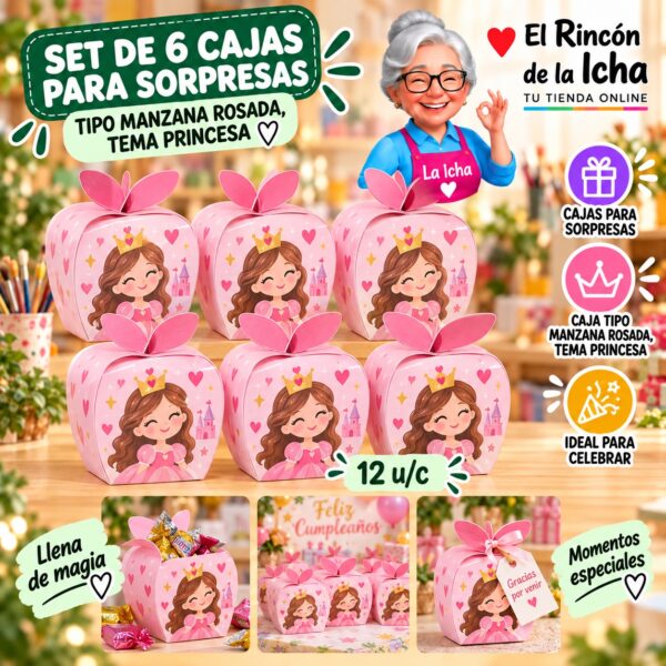 RI-0010047 Set de 6 Cajas para Sorpresas Tipo Manzana Rosada, Tema Princesa Feliz