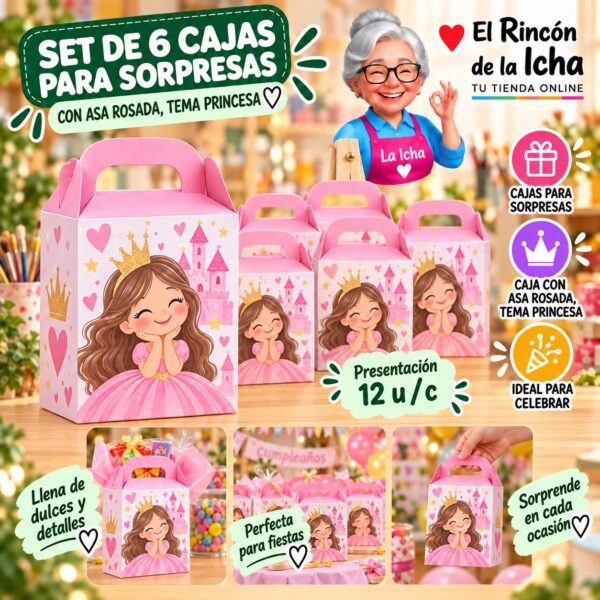 RI-0010048 Set de 6 Cajas para Sorpresas Con Asa Rosada, Tema Princesa Feliz