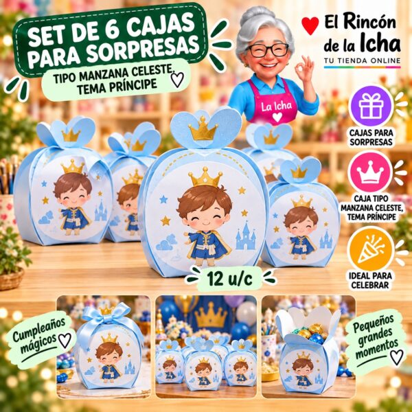 RI-0010049 Set de 6 Cajas para Sorpresas Tipo Manzana Celeste, Tema Príncipe Feliz
