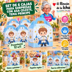 Set de 6 Cajas para Sorpresas Con Asa Celeste, Tema Príncipe Feliz