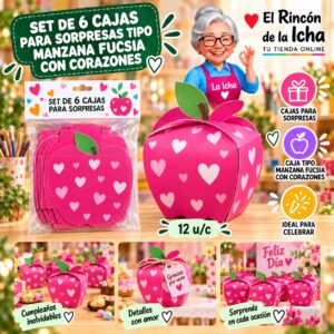 Set de 6 Cajas para Sorpresas Tipo Manzana Fucsia Con Corazones Feliz