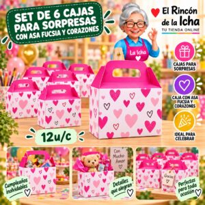 Set de 6 Cajas para Sorpresas Con Asa Fucsia Y Corazones Feliz
