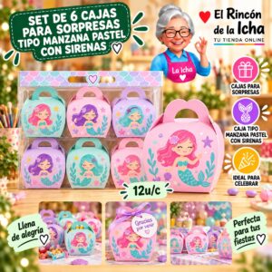 Set de 6 Cajas para Sorpresas Tipo Manzana Pastel Con Sirenas Feliz