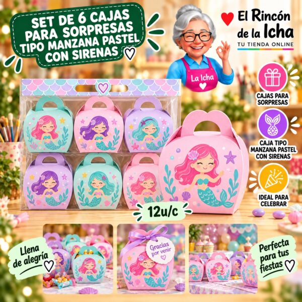 RI-0010053 Set de 6 Cajas para Sorpresas Tipo Manzana Pastel Con Sirenas Feliz