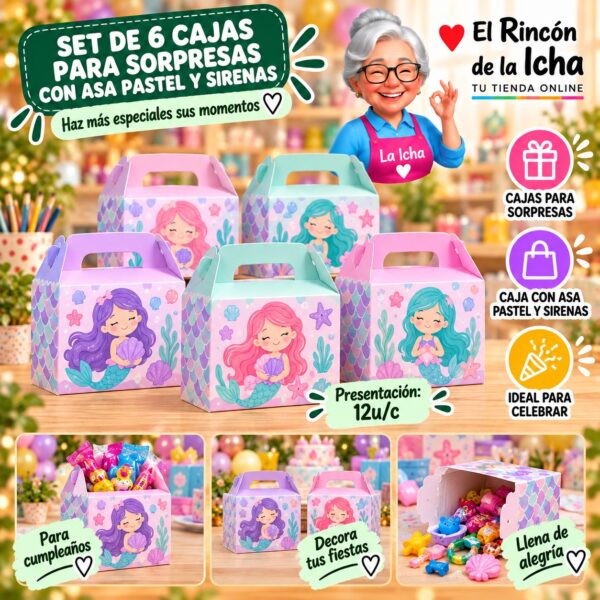 Set de 6 Cajas para Sorpresas Con Asa Pastel Y Sirenas Feliz