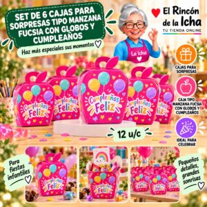 Set de 6 Cajas para Sorpresas Tipo Manzana Fucsia Con Globos Y Cumpleaños Feliz