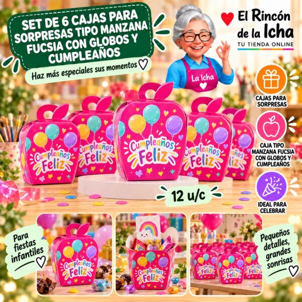 RI-0010055 Set de 6 Cajas para Sorpresas Tipo Manzana Fucsia Con Globos Y Cumpleaños Feliz