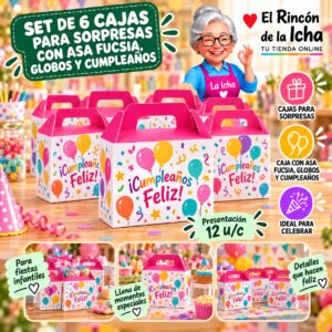 Set de 6 Cajas para Sorpresas Con Asa Fucsia, Globos Y Cumpleaños Feliz