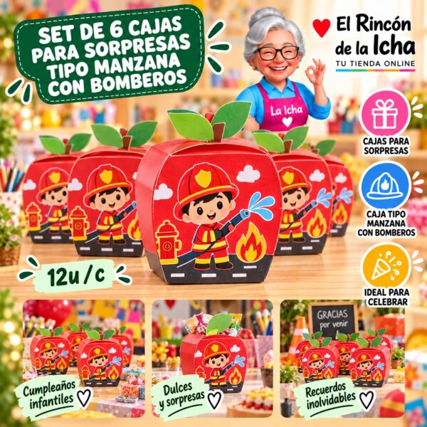 RI-0010057 Set de 6 Cajas para Sorpresas Tipo Manzana Con Bomberos Feliz