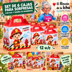 Set de 6 Cajas para Sorpresas Con Asa Y Diseño De Bomberos Feliz