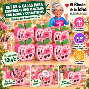 Set de 6 Cajas para Sorpresas Tipo Manzana Con Moda Y Cosméticos Feliz