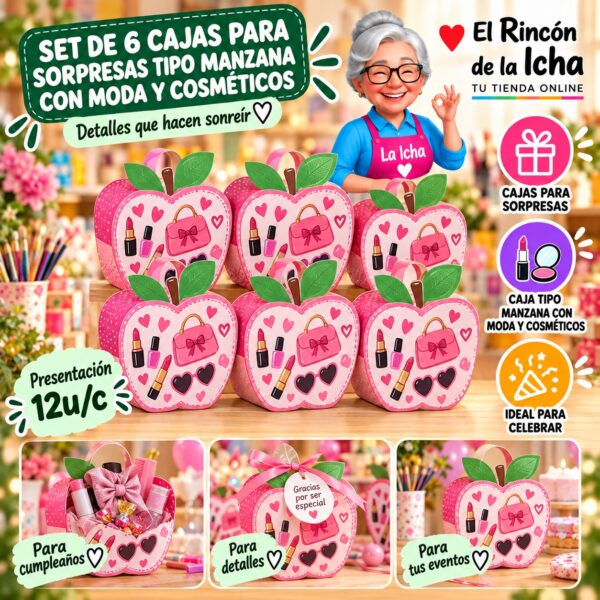 RI-0010059 Set de 6 Cajas para Sorpresas Tipo Manzana Con Moda Y Cosméticos Feliz