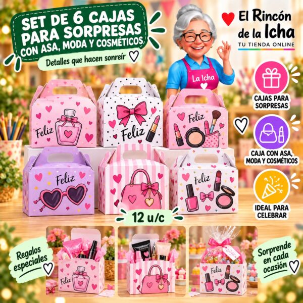 RI-0010060 Set de 6 Cajas para Sorpresas Con Asa, Moda Y Cosméticos Feliz