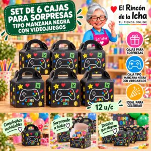 Set de 6 Cajas para Sorpresas Tipo Manzana Negra Con Videojuegos Feliz