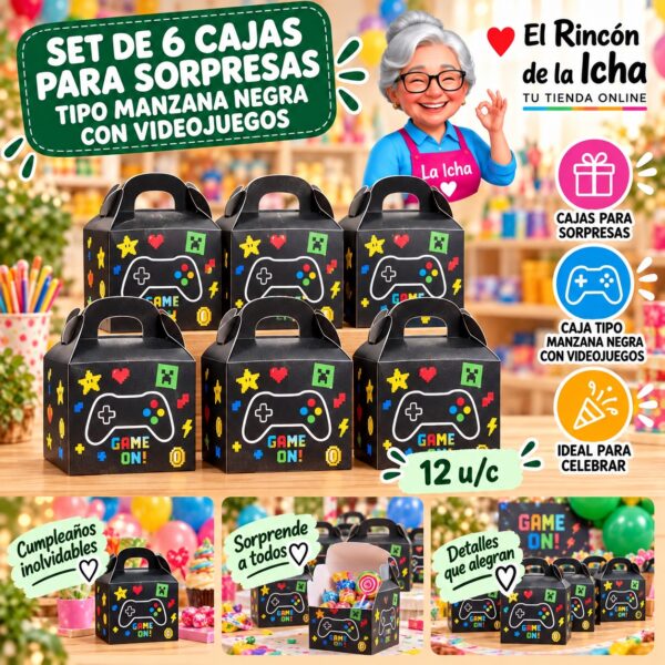 RI-0010061 Set de 6 Cajas para Sorpresas Tipo Manzana Negra Con Videojuegos Feliz