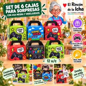 Set de 6 Cajas para Sorpresas Con Asa Negra Y Videojuegos Feliz